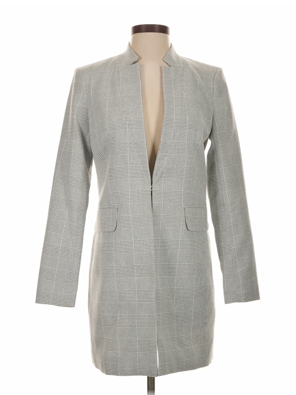 DKNY Gray Plaid Long Blazer Women 4 Open Front Career Topper Jacket Office Chic